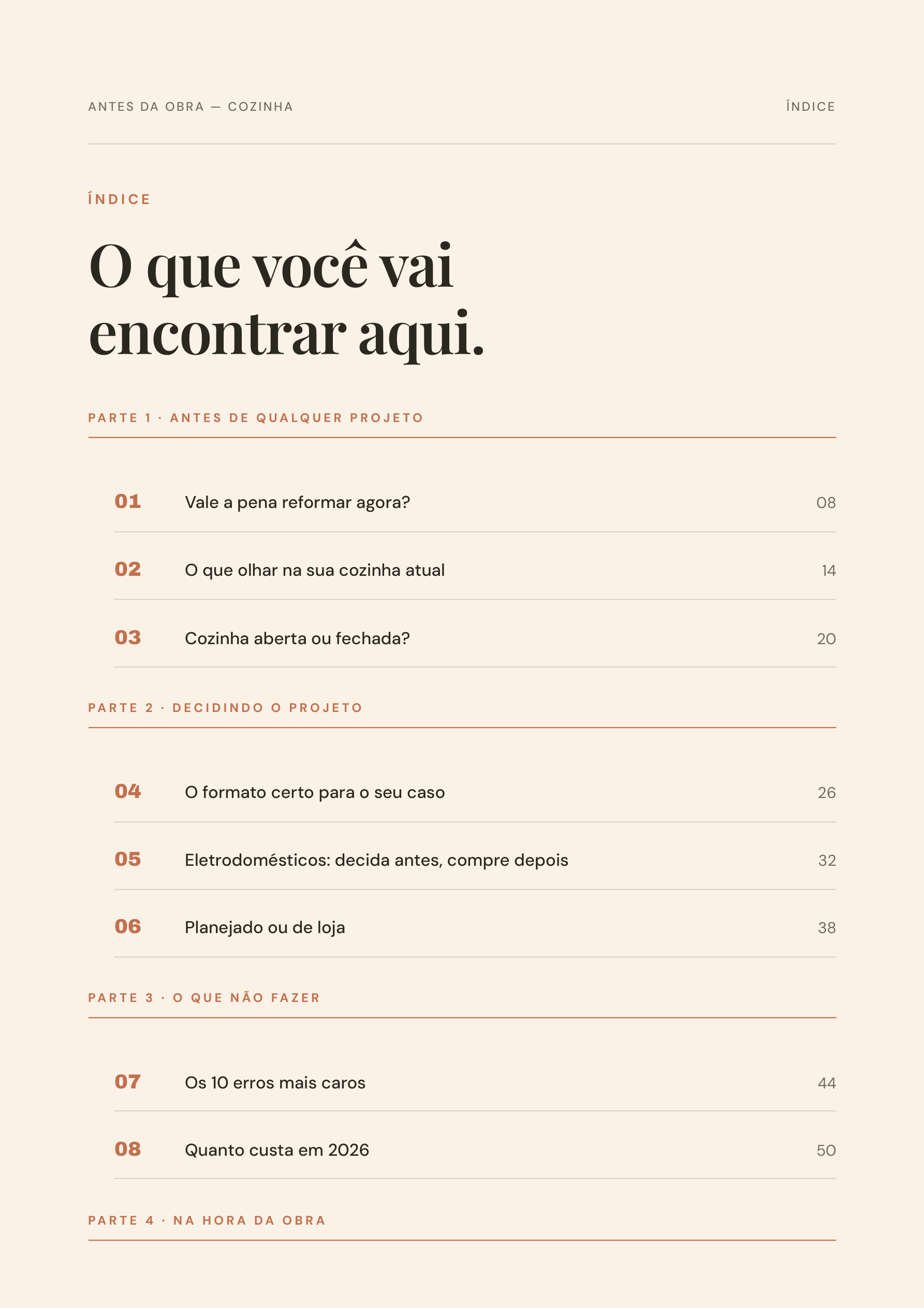 Índice do guia Antes da Obra