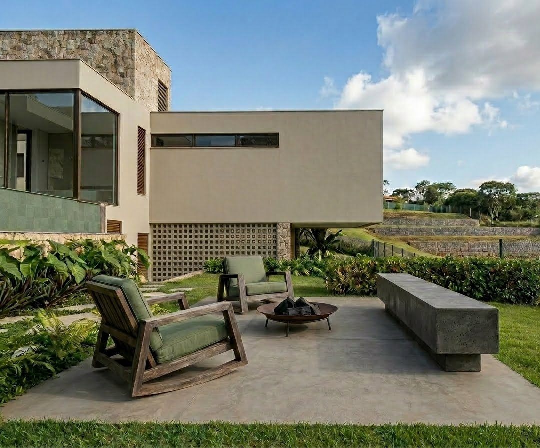 Estudo visual de jardim e transicao com o terreno no projeto residencial em Moeda