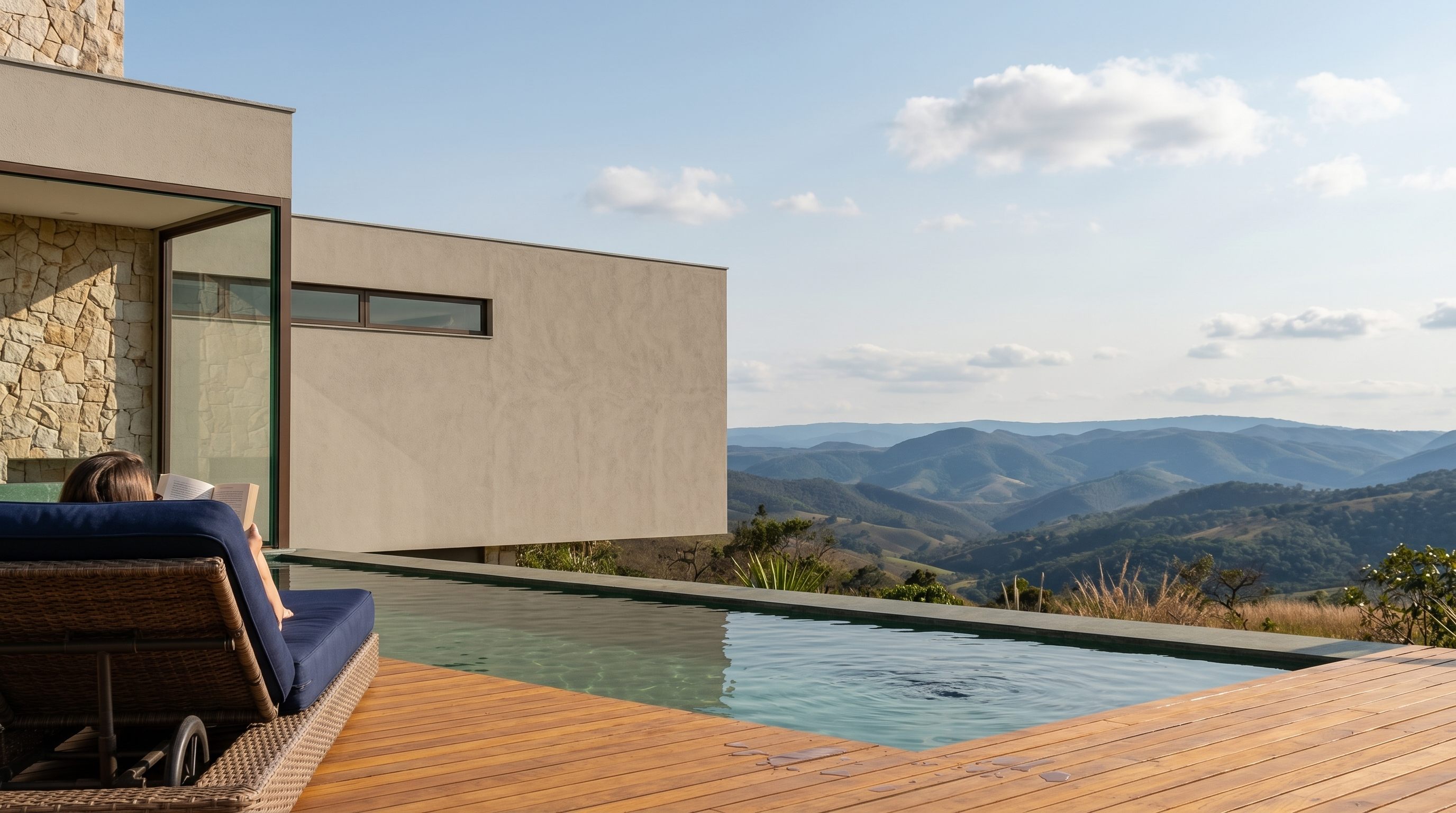 Vista externa com piscina e paisagem do projeto residencial em Moeda